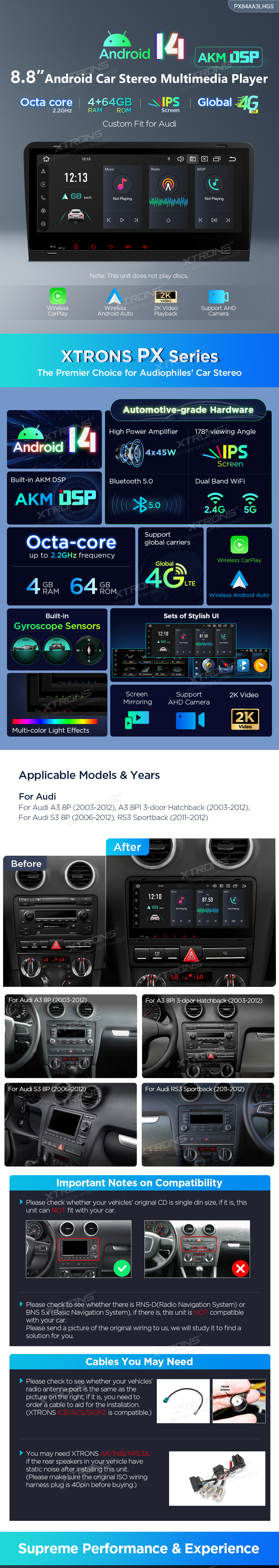 Audi A3 8P, S3 and RS3 8.8″ Android Head Unit with Wireless CarPlay, Android Auto and 4G | PX84AA3LHGS: XTRONS specification poster 1 of 6