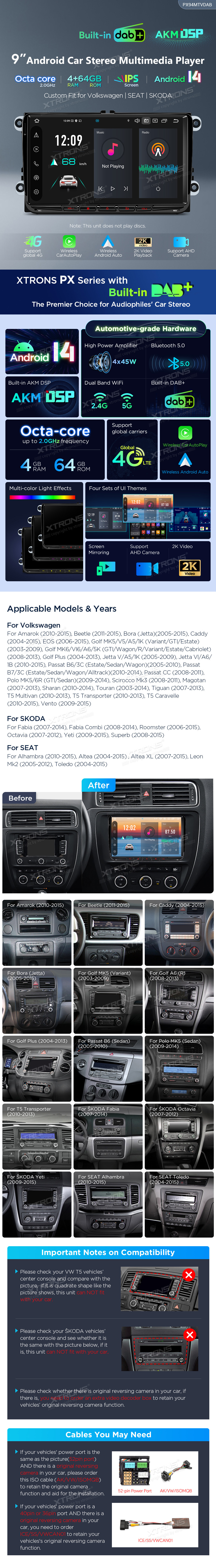 VW, Skoda and SEAT 9″ Android Head Unit with Built-in DAB+, Wireless CarPlay and 4G | PX94MTVDAB: XTRONS specification poster 1 of 6