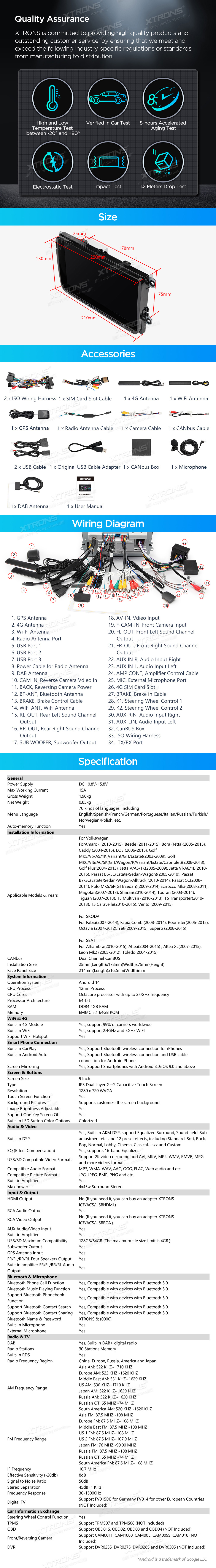 VW, Skoda and SEAT 9″ Android Head Unit with Built-in DAB+, Wireless CarPlay and 4G | PX94MTVDAB: XTRONS specification poster 6 of 6