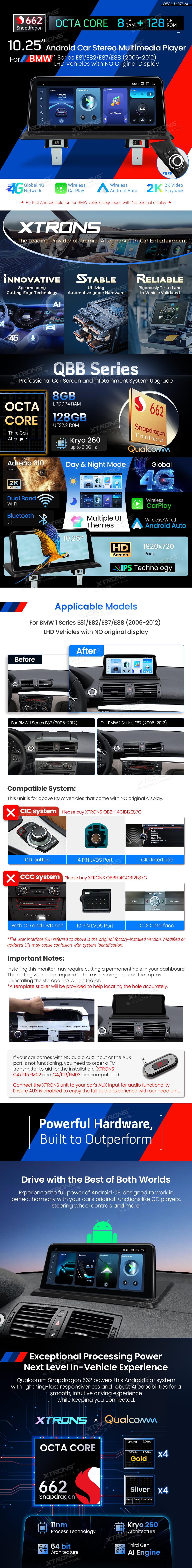 BMW 1 Series E81 E82 E87 E88 10.25 inch Android Screen with Wireless CarPlay, Android Auto and 4G | QBBH1487UNL: XTRONS specification poster 1 of 4