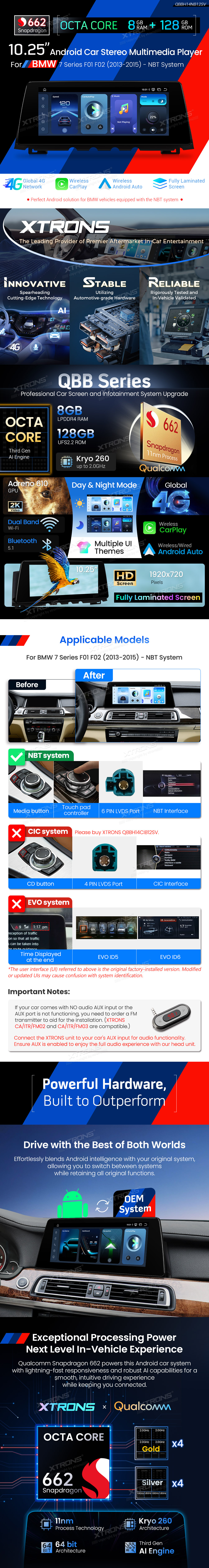 BMW 7 Series F01/F02 NBT 10.25 inch Android 14 Screen with Wireless CarPlay, Android Auto and 4G | QBBH14NB12SV: XTRONS specification poster 1 of 4
