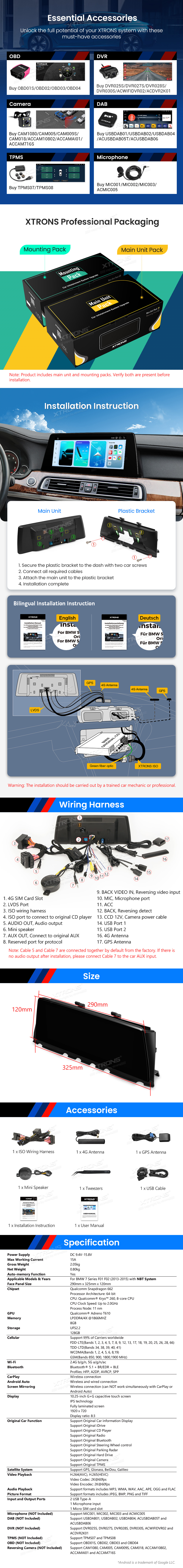 BMW 7 Series F01/F02 NBT 10.25 inch Android 14 Screen with Wireless CarPlay, Android Auto and 4G | QBBH14NB12SV: XTRONS specification poster 4 of 4