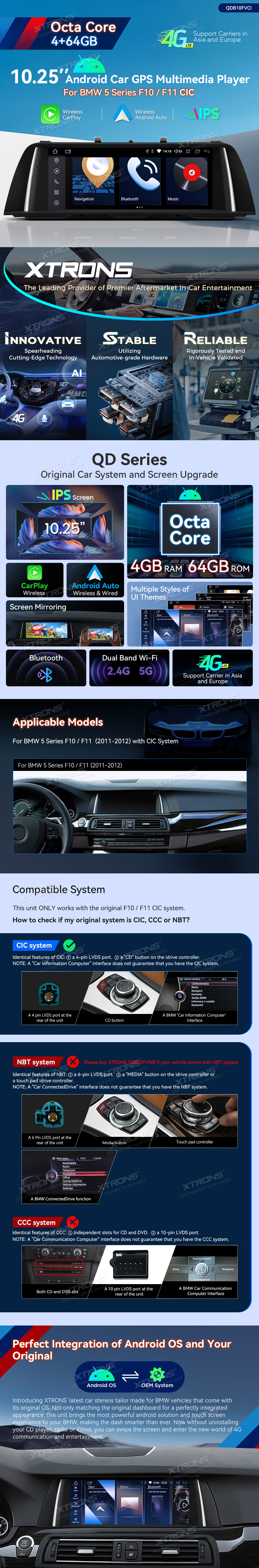 BMW 5 Series F10/F11 CIC 10.25 inch Android Screen with Wireless CarPlay, Android Auto and 4G | QDB10FVCI: XTRONS specification poster 1 of 5