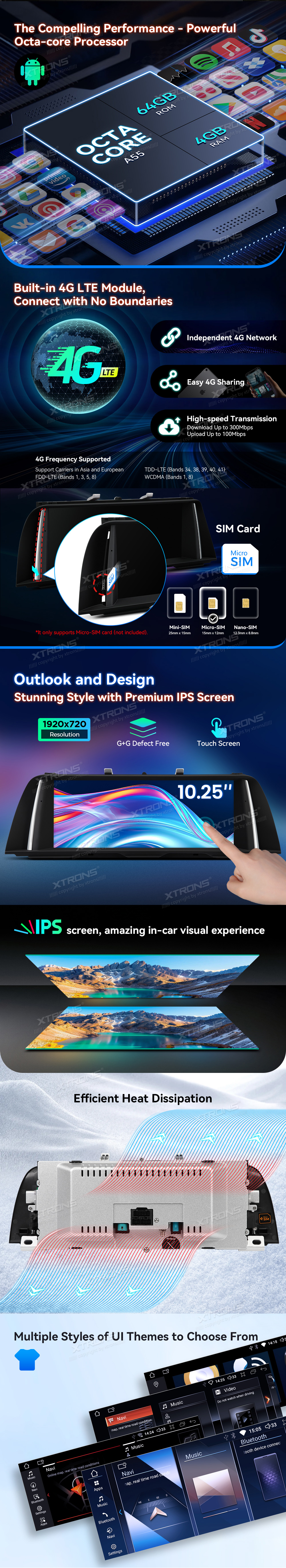 BMW 5 Series F10/F11 CIC 10.25 inch Android Screen with Wireless CarPlay, Android Auto and 4G | QDB10FVCI: XTRONS specification poster 2 of 5