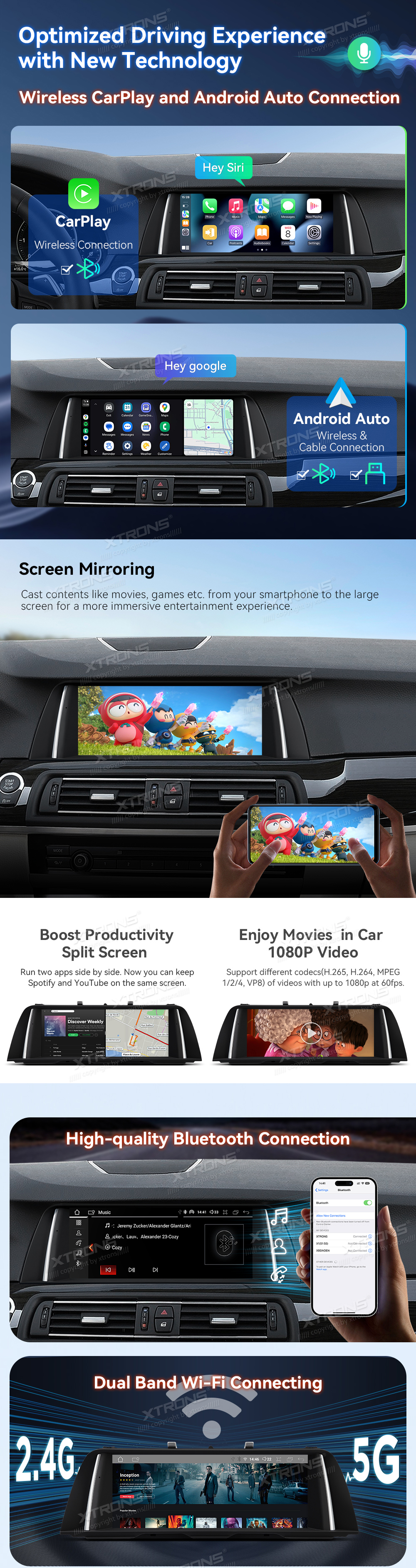 BMW 5 Series F10/F11 CIC 10.25 inch Android Screen with Wireless CarPlay, Android Auto and 4G | QDB10FVCI: XTRONS specification poster 3 of 5
