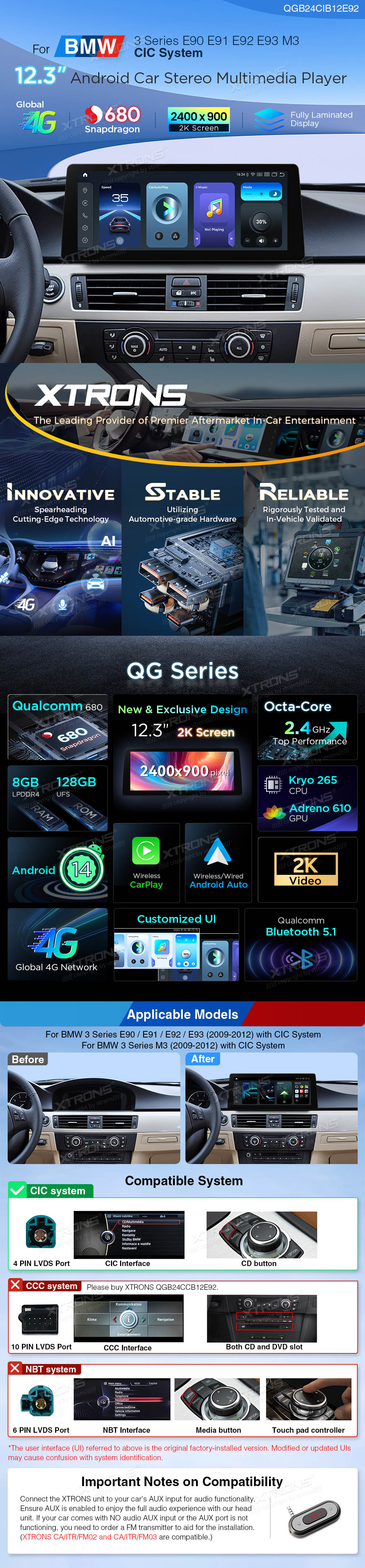 BMW 3 Series E90 E91 E92 E93 CIC 12.3 inch Android Screen with Wireless CarPlay, Android Auto and 4G | QGB24CIB12E92: XTRONS specification poster 1 of 6
