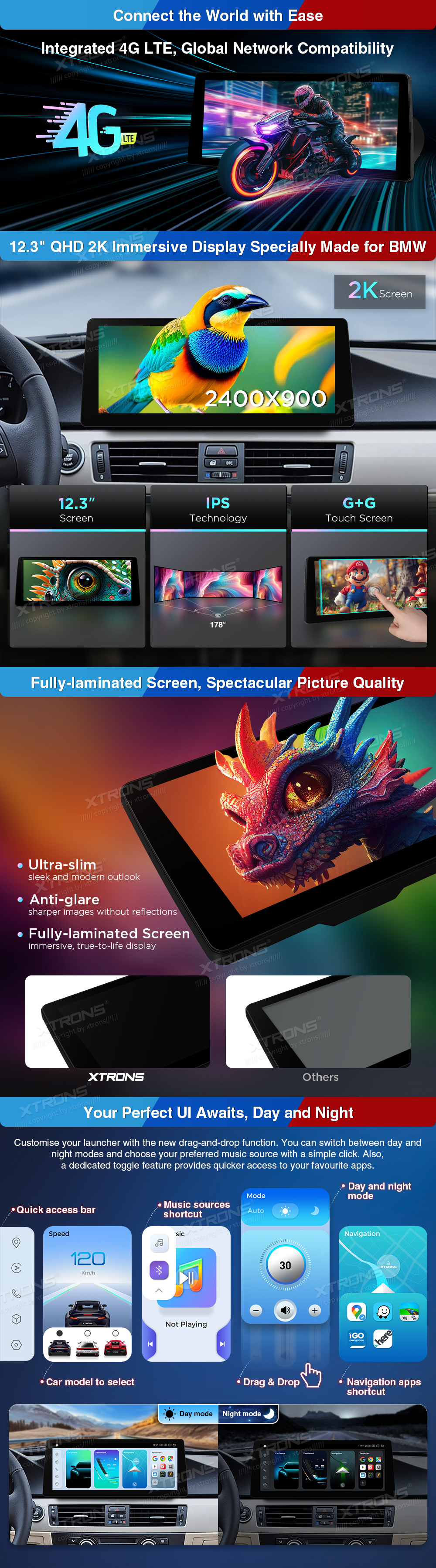 BMW 3 Series E90 E91 E92 E93 CIC 12.3 inch Android Screen with Wireless CarPlay, Android Auto and 4G | QGB24CIB12E92: XTRONS specification poster 3 of 6