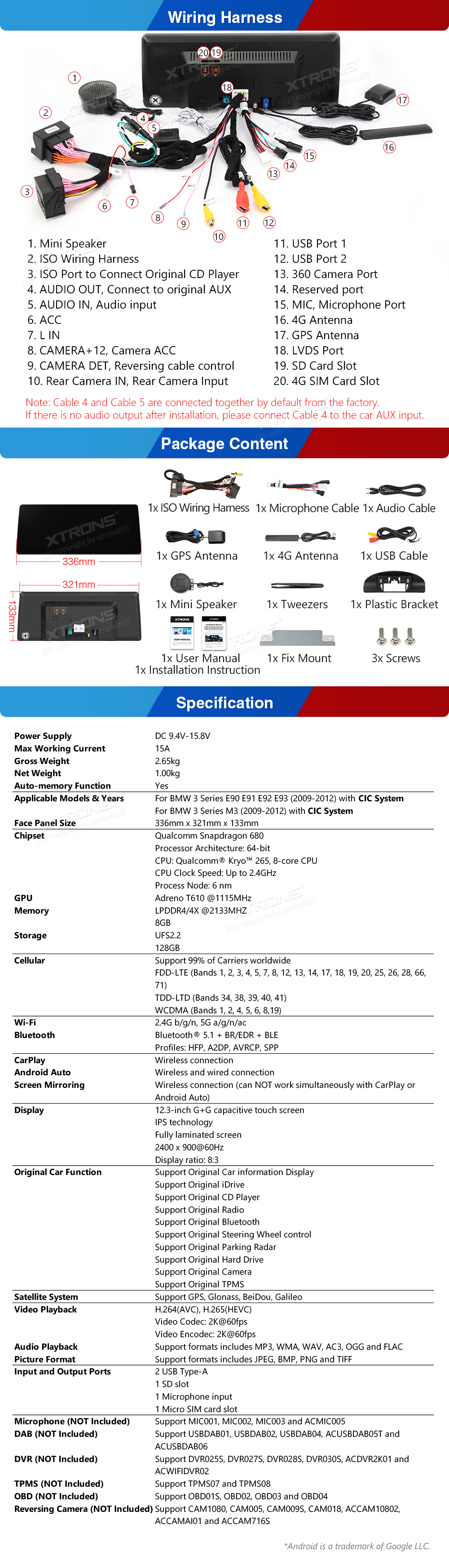 BMW 3 Series E90 E91 E92 E93 CIC 12.3 inch Android Screen with Wireless CarPlay, Android Auto and 4G | QGB24CIB12E92: XTRONS specification poster 6 of 6