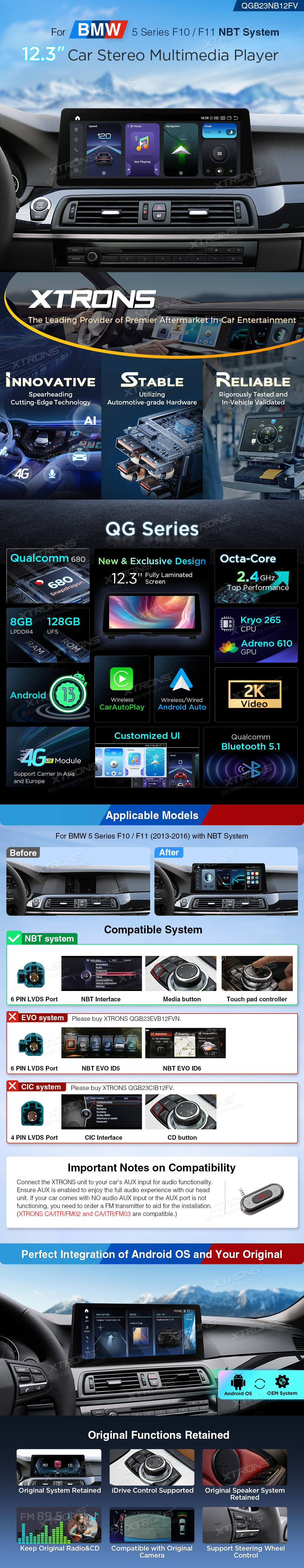 BMW 5 Series F10 F11 NBT 12.3 inch Android Screen with Wireless CarPlay, Android Auto and 4G | QGB24NB12FV: XTRONS specification poster 1 of 4
