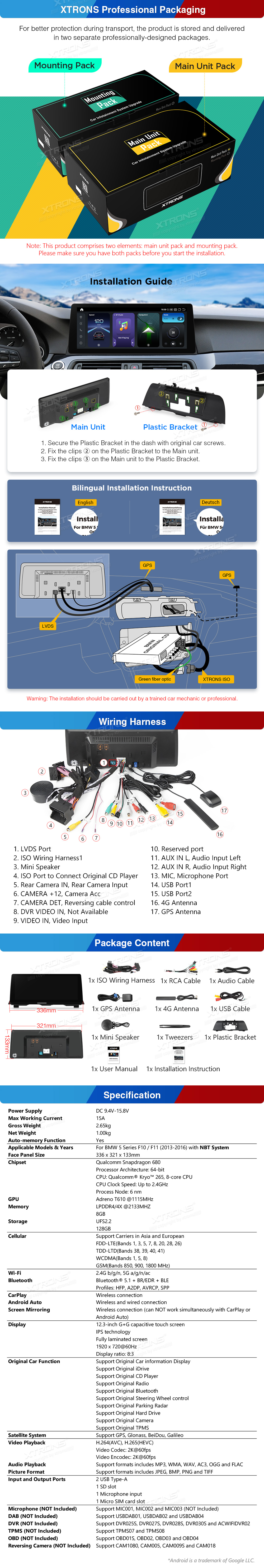 BMW 5 Series F10 F11 NBT 12.3 inch Android Screen with Wireless CarPlay, Android Auto and 4G | QGB24NB12FV: XTRONS specification poster 4 of 4