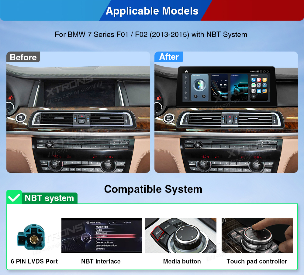 BMW 7 Series F01 F02 NBT 12.3 inch Android Screen with Wireless CarPlay, Android Auto and 4G | QGB24NB12SV: XTRONS specification poster 4 of 9