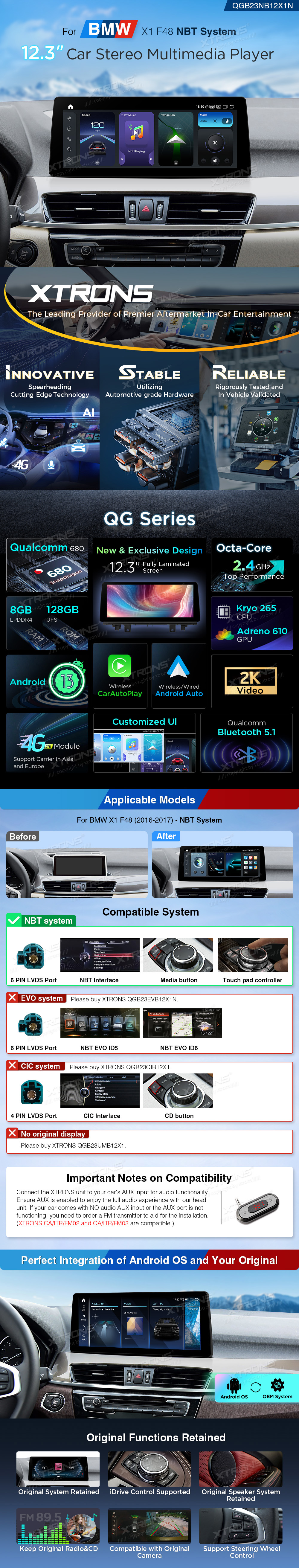 BMW X1 F48 NBT 12.3 Inch Android Head Unit with Wireless CarPlay, Android Auto and 4G | QGB24NB12X1N: XTRONS specification poster 1 of 4