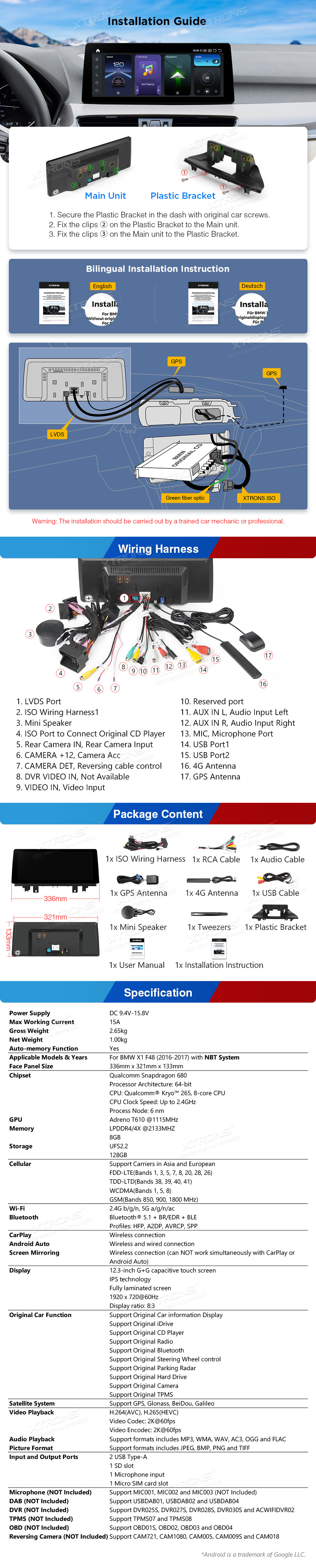 BMW X1 F48 NBT 12.3 Inch Android Head Unit with Wireless CarPlay, Android Auto and 4G | QGB24NB12X1N: XTRONS specification poster 4 of 4