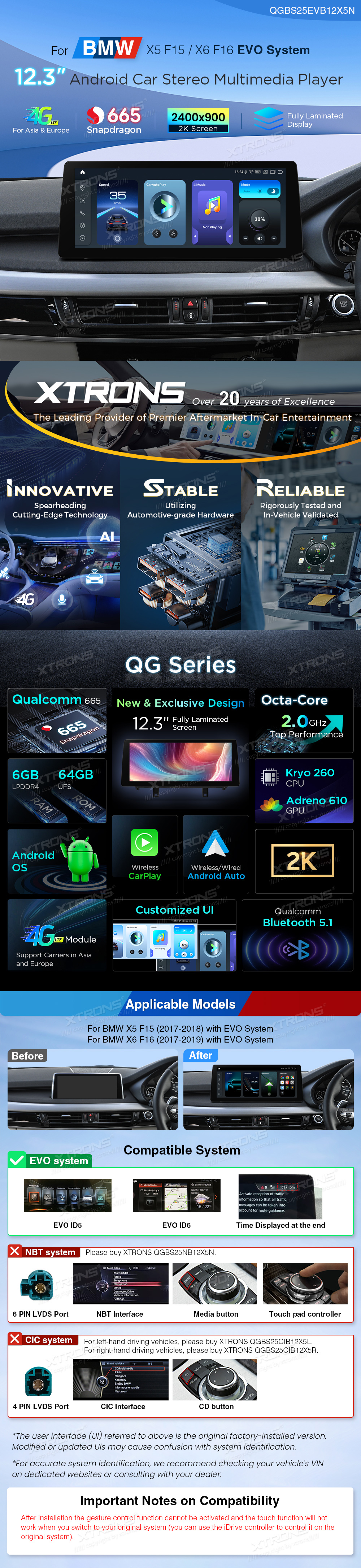 BMW X5 F15 and X6 F16 EVO 12.3 inch Android Screen with Wireless CarPlay, Android Auto and 4G | QGBS25EVB12X5N: XTRONS specification poster 1 of 5