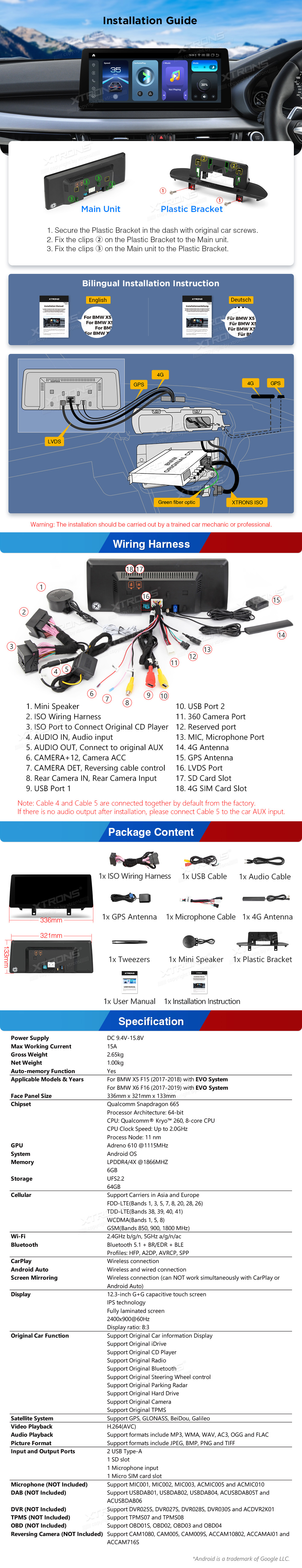 BMW X5 F15 and X6 F16 EVO 12.3 inch Android Screen with Wireless CarPlay, Android Auto and 4G | QGBS25EVB12X5N: XTRONS specification poster 5 of 5