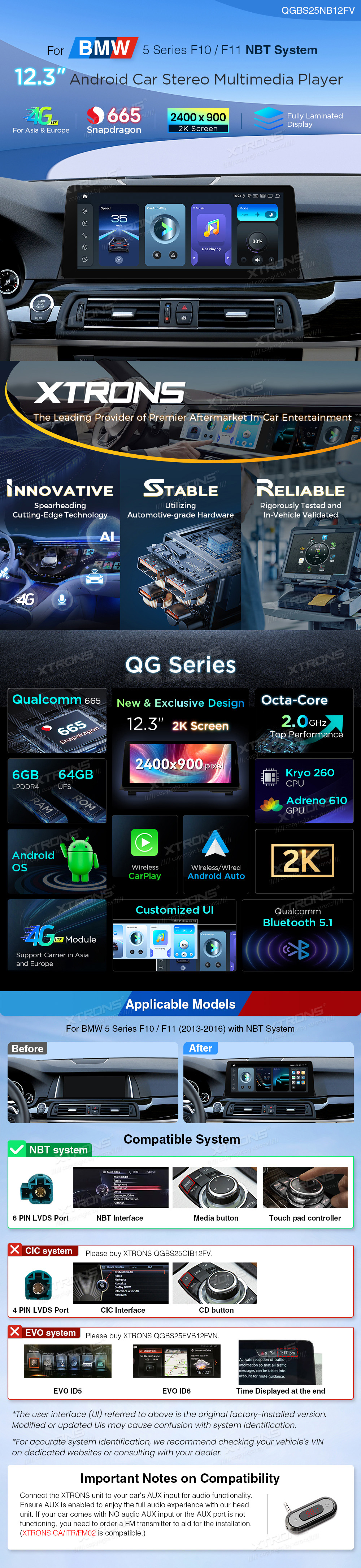 BMW 5 Series F10/F11 NBT 12.3 inch Android 14 Screen with Wireless CarPlay, Android Auto and 4G | QGBS25NB12FV: XTRONS specification poster 1 of 5