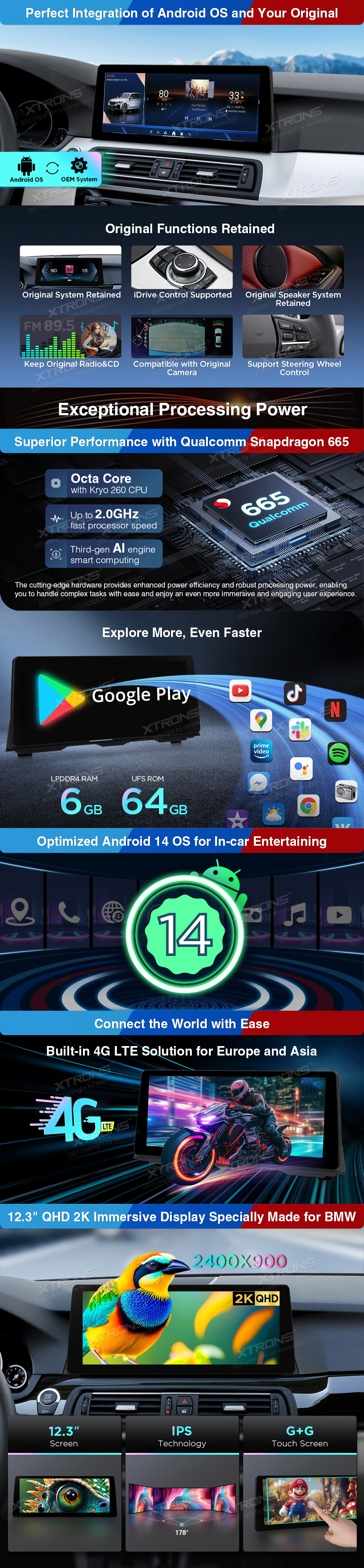 BMW 5 Series F10/F11 NBT 12.3 inch Android 14 Screen with Wireless CarPlay, Android Auto and 4G | QGBS25NB12FV: XTRONS specification poster 2 of 5