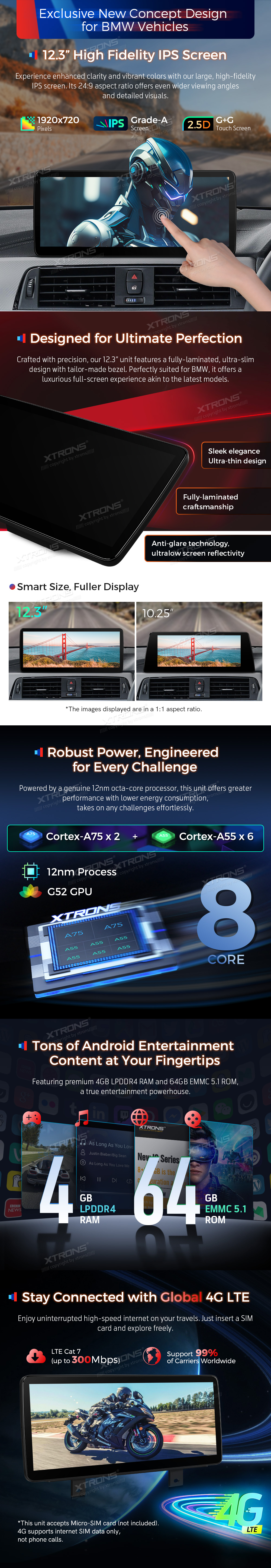 BMW 3 Series F30 and 4 Series F32 EVO 12.3″ Android Screen with Wireless CarPlay and 4G | QLB22EVB12THR: XTRONS specification poster 2 of 6