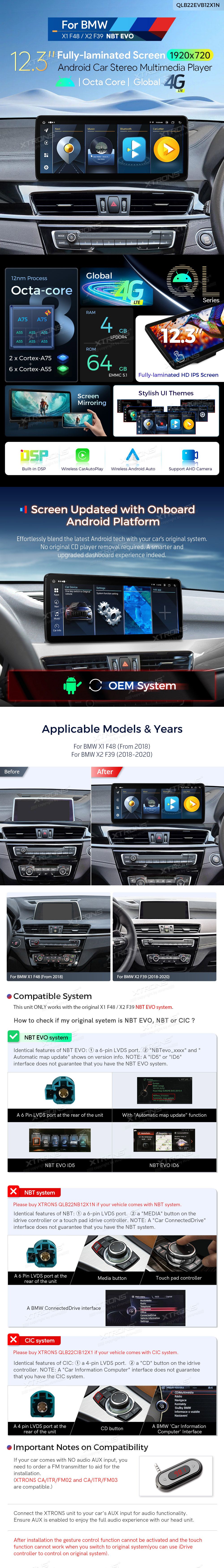 BMW X1 F48 EVO 12.3 inch Android Head Unit with Wireless CarPlay, Android Auto and 4G | QLB22EVB12X1N: XTRONS specification poster 1 of 6