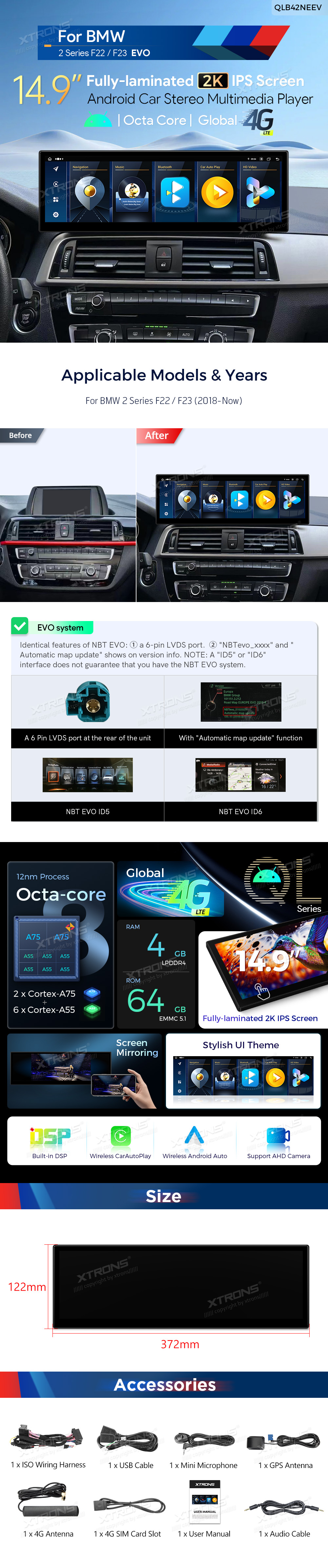 BMW 2 Series F22 F23 NBT EVO 14.9 inch Android Screen with Wireless CarPlay and 4G | QLB42NEEV: XTRONS specification poster 1 of 1
