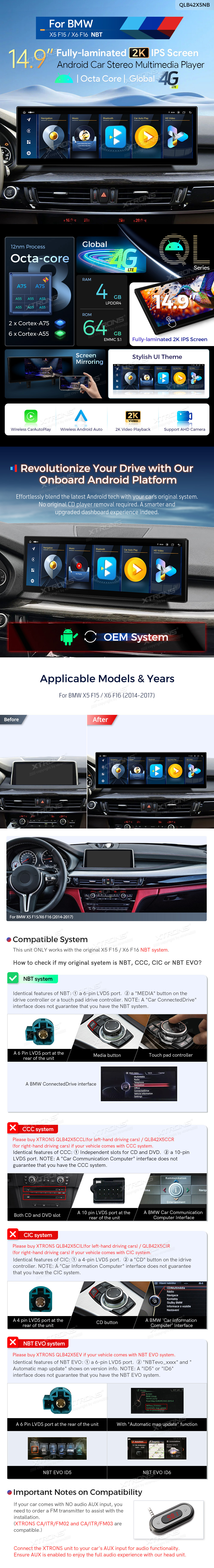 BMW X5 F15 and X6 F16 NBT 14.9 inch Android Screen with Wireless CarPlay, Android Auto and 4G | QLB42X5NB: XTRONS specification poster 1 of 6
