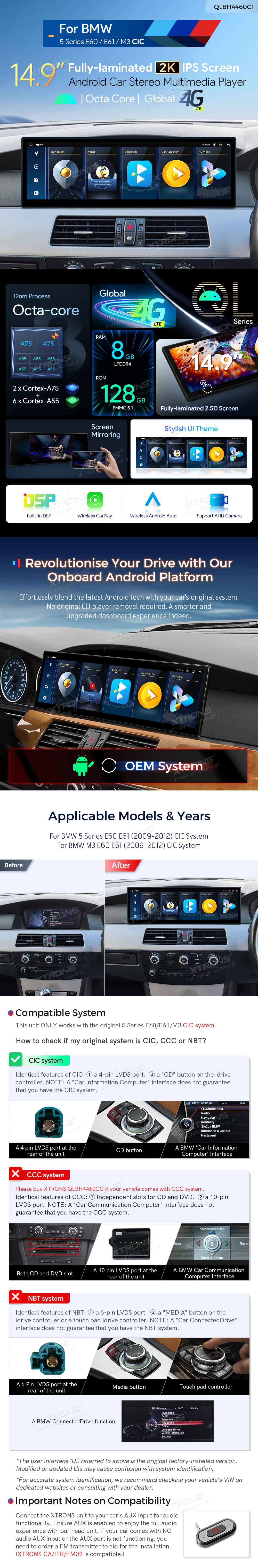 BMW 5 Series E60 E61 CIC 14.9 inch Android Screen with Wireless CarPlay, Android Auto and 4G | QLBH4460CI: XTRONS specification poster 1 of 6