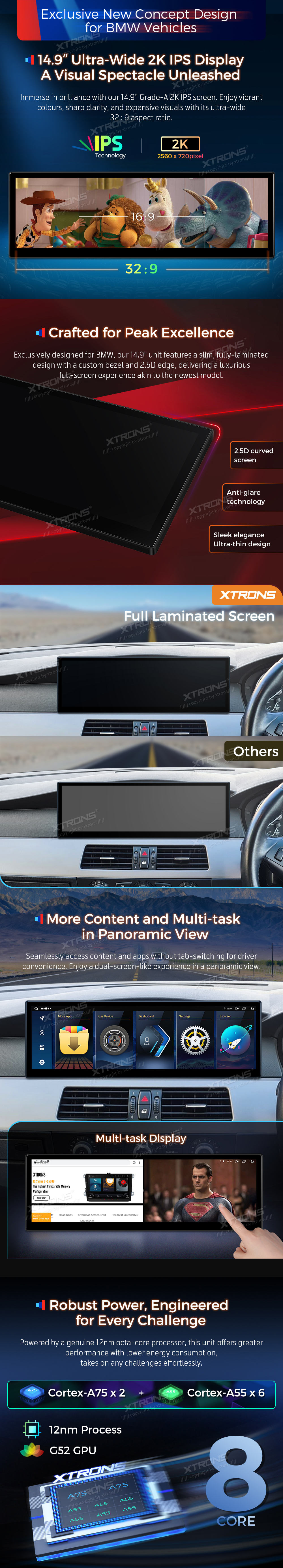 BMW 5 Series E60 E61 CIC 14.9 inch Android Screen with Wireless CarPlay, Android Auto and 4G | QLBH4460CI: XTRONS specification poster 2 of 6