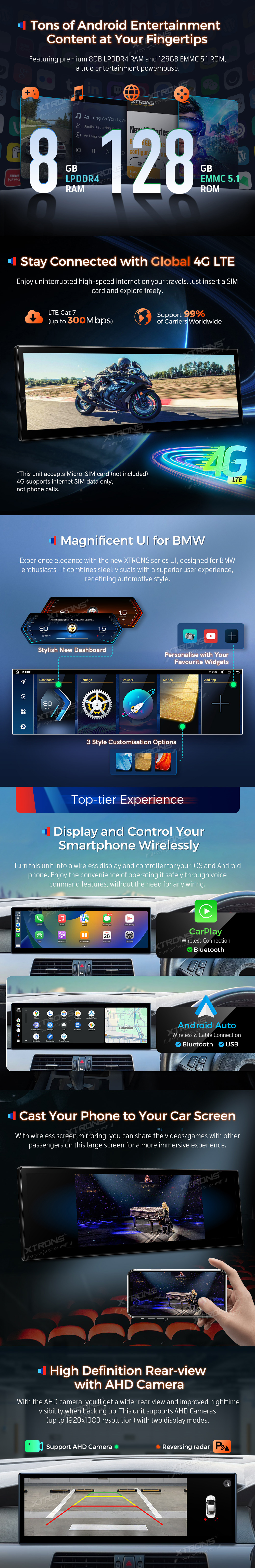 BMW 5 Series E60 E61 CIC 14.9 inch Android Screen with Wireless CarPlay, Android Auto and 4G | QLBH4460CI: XTRONS specification poster 3 of 6