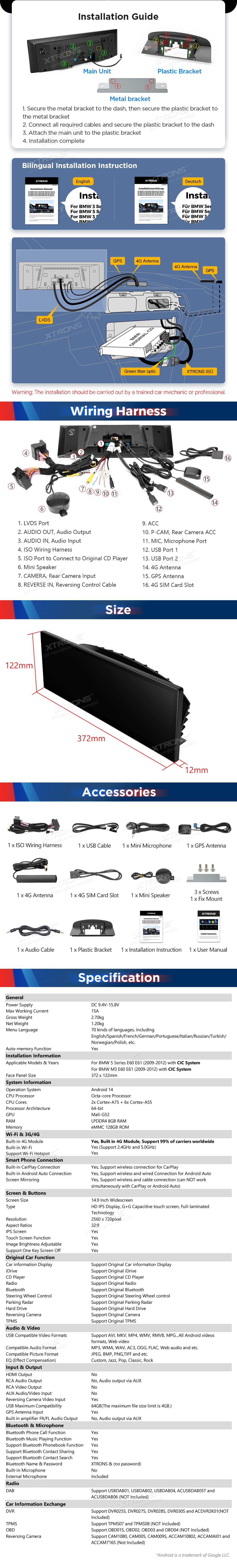 BMW 5 Series E60 E61 CIC 14.9 inch Android Screen with Wireless CarPlay, Android Auto and 4G | QLBH4460CI: XTRONS specification poster 6 of 6