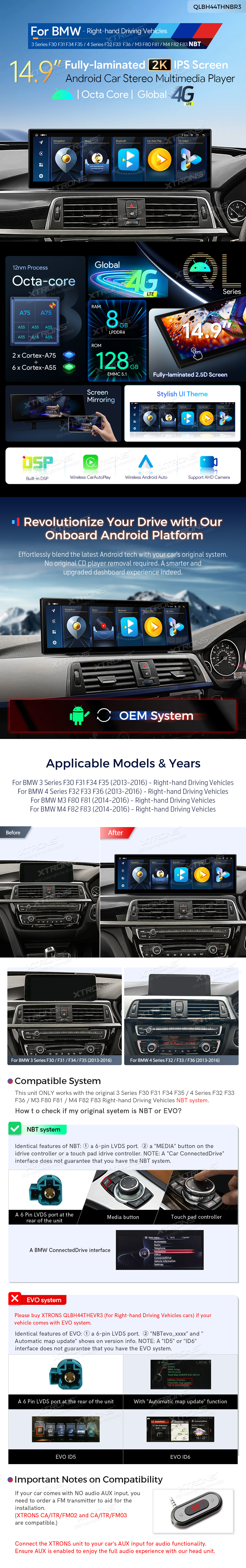 BMW 3 and 4 Series 14.9 Inch Android Head Unit with Wireless CarPlay and Android Auto | QLBH44THNBR3: XTRONS specification poster 1 of 6