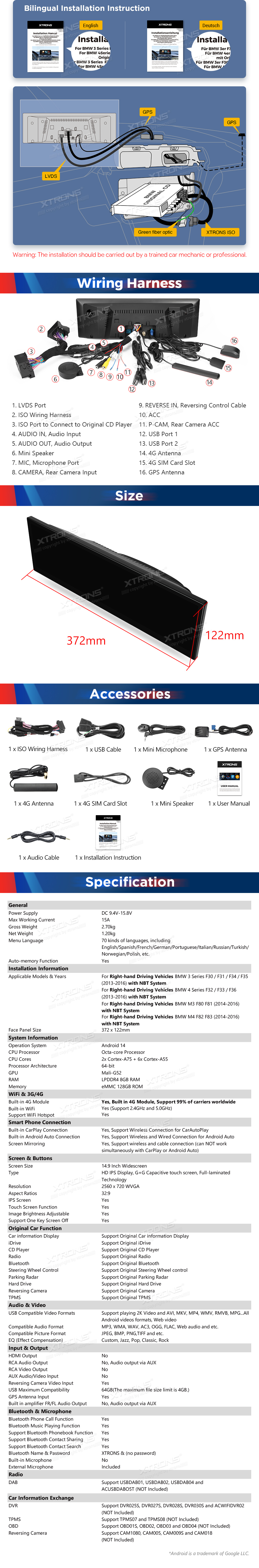 BMW 3 and 4 Series 14.9 Inch Android Head Unit with Wireless CarPlay and Android Auto | QLBH44THNBR3: XTRONS specification poster 6 of 6