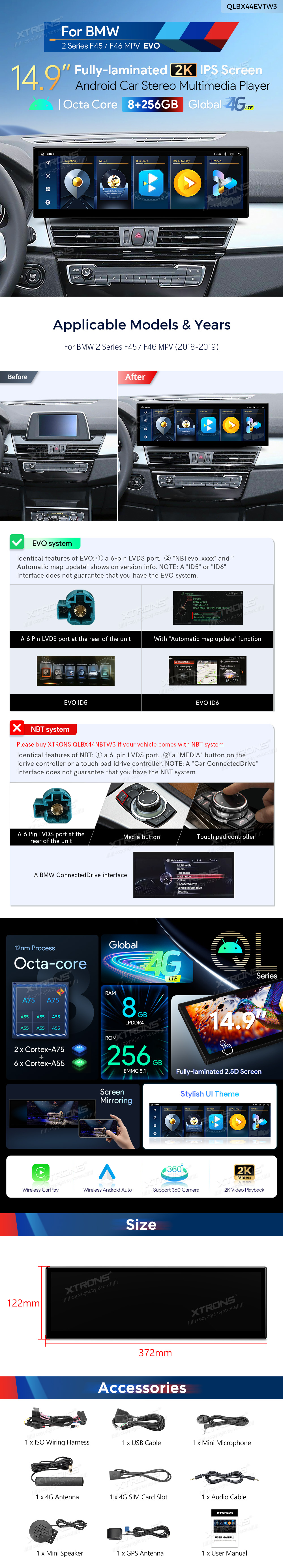 BMW 2 Series F45 F46 EVO 14.9 inch Android 14 Head Unit with Wireless CarPlay, Android Auto and 4G | QLBX44EVTW3: XTRONS specification poster 1 of 1