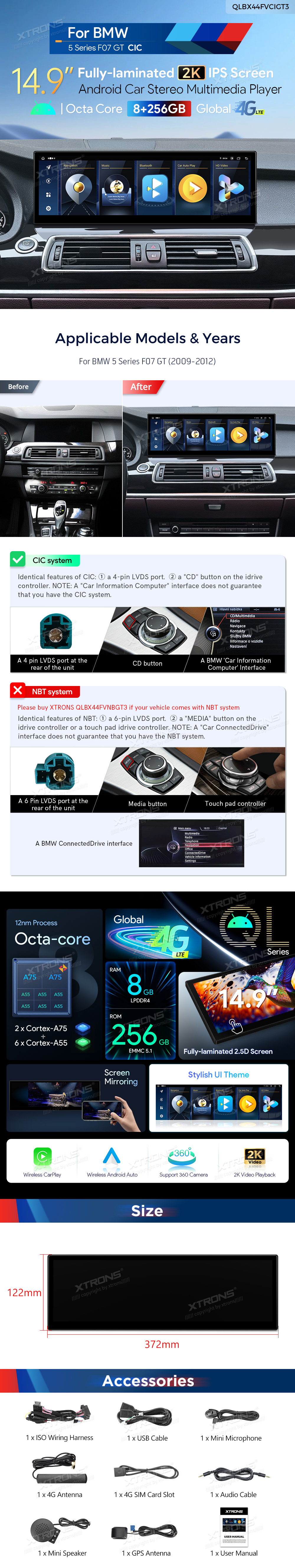 BMW 5 Series F07 GT CIC 14.9 inch 2K Android Screen with Wireless CarPlay, Android Auto and 4G | QLBX44FVCIGT3: XTRONS specification poster 1 of 1