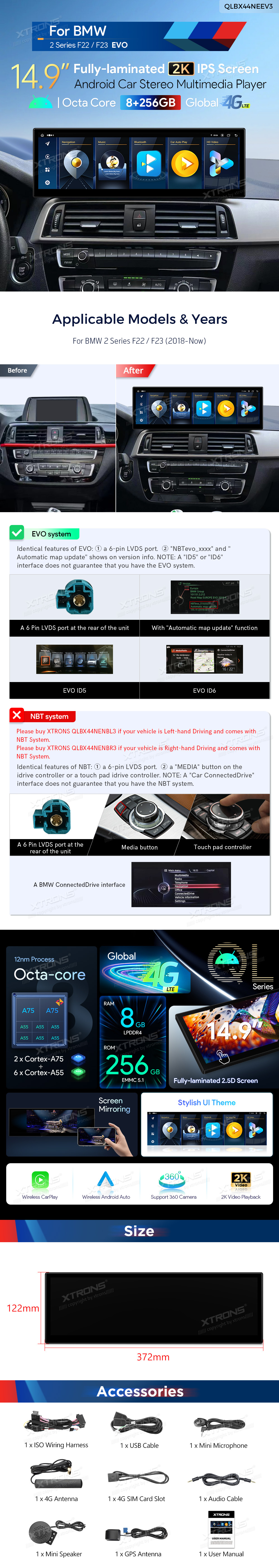 BMW 2 Series F22/F23 EVO 14.9″ 2K Android Screen with Wireless CarPlay and 4G | QLBX44NEEV3: XTRONS specification poster 1 of 1