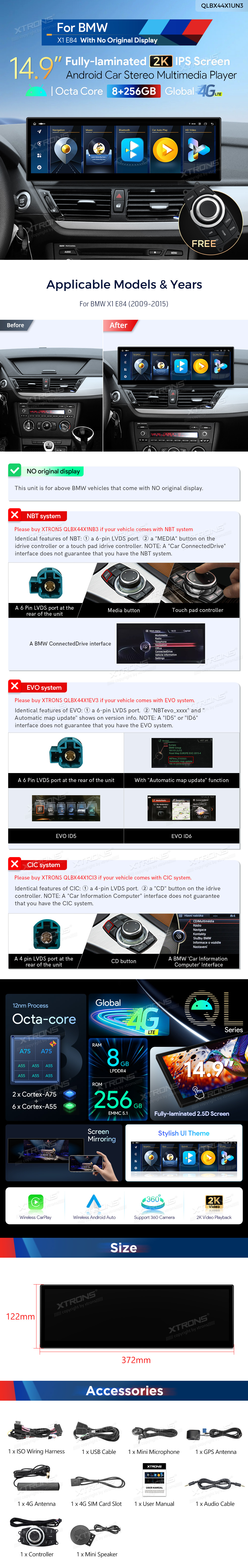 BMW X1 E84 14.9″ 2K Android Screen for Cars Without a Factory Display, with Wireless CarPlay and 4G | QLBX44X1UN3: XTRONS specification poster 1 of 1