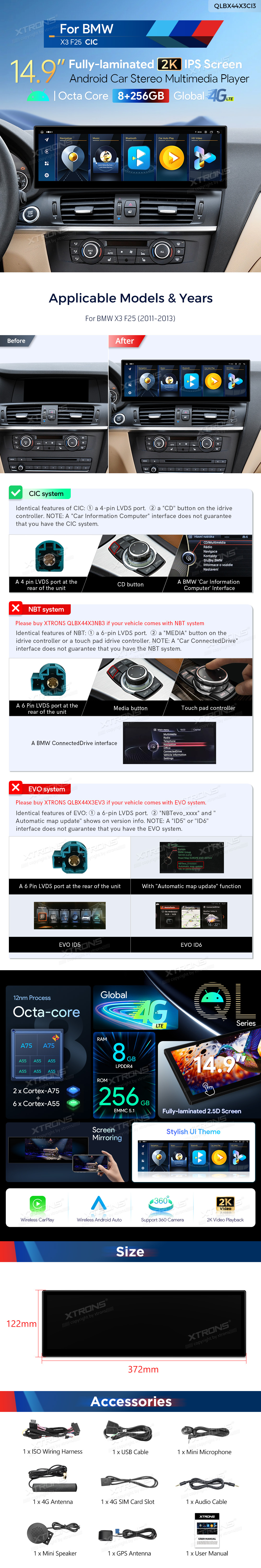 BMW X3 F25 14.9 inch 2K Android Head Unit with Wireless CarPlay, Android Auto and 4G | QLBX44X3CI3: XTRONS specification poster 1 of 1
