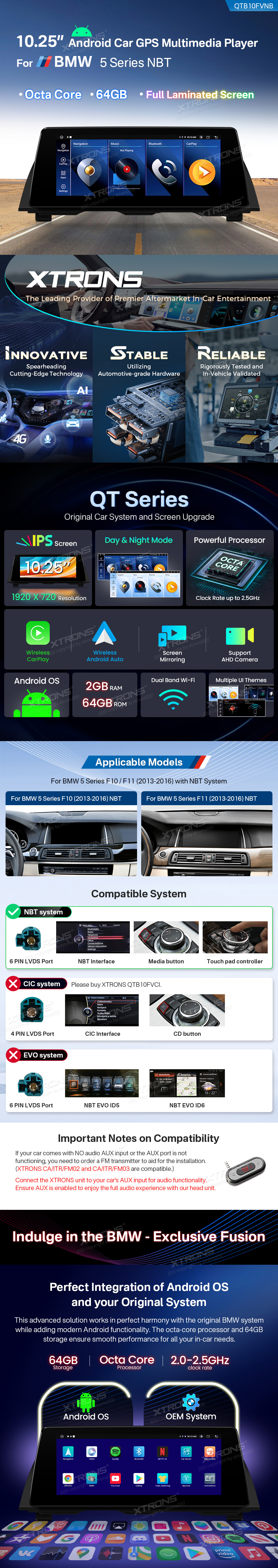 BMW 5 Series F10 F11 NBT 10.25 inch Android Screen with Wireless CarPlay and Android Auto | QTB10FVNB: XTRONS specification poster 1 of 5