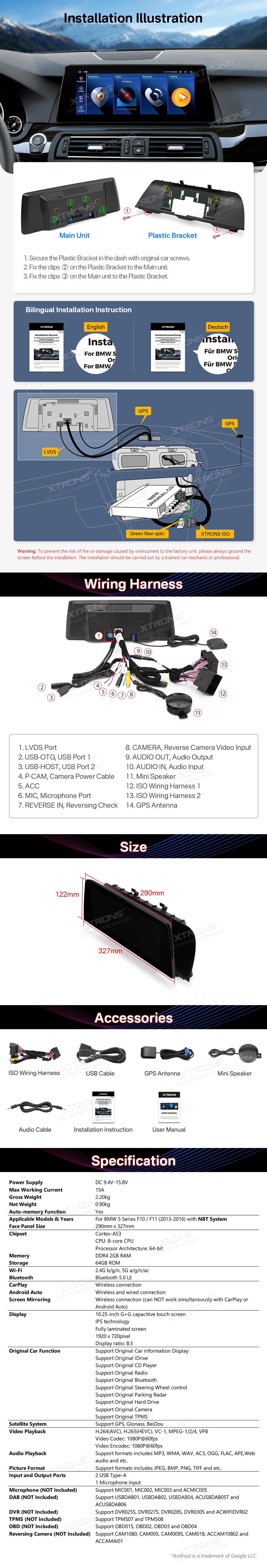 BMW 5 Series F10 F11 NBT 10.25 inch Android Screen with Wireless CarPlay and Android Auto | QTB10FVNB: XTRONS specification poster 5 of 5