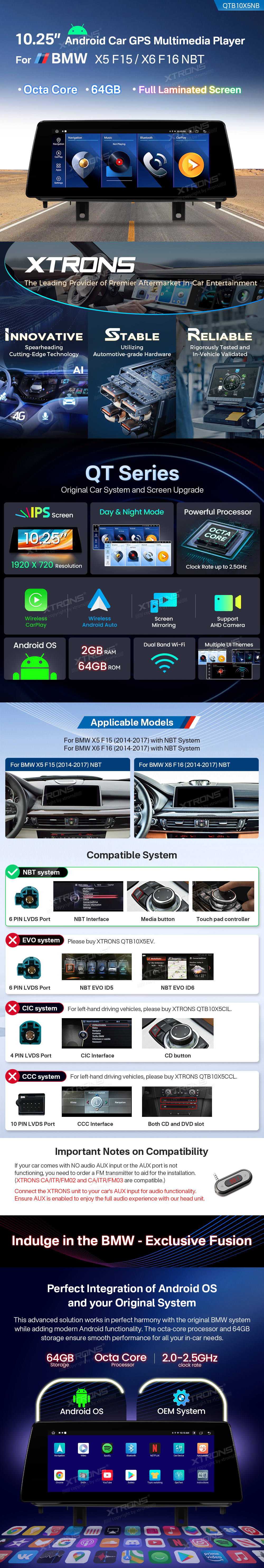 BMW X5 F15 and X6 F16 NBT 10″ Android Screen with Wireless CarPlay and Split Screen | QTB10X5NB: XTRONS specification poster 1 of 5