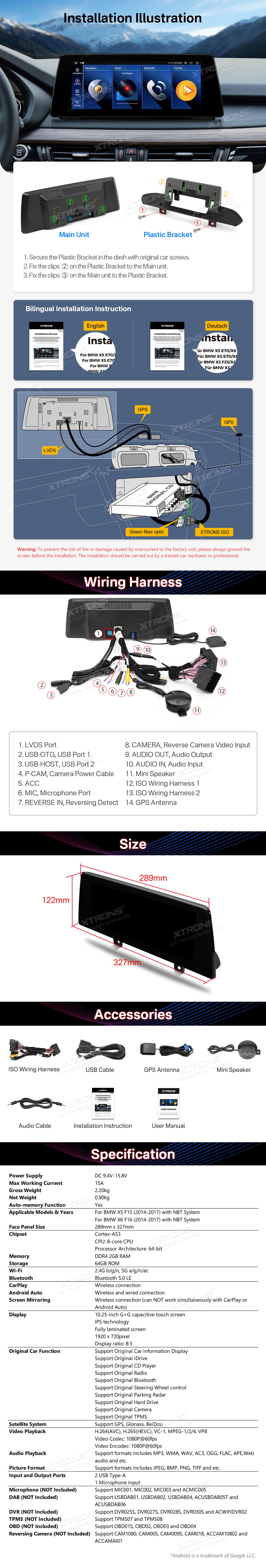BMW X5 F15 and X6 F16 NBT 10″ Android Screen with Wireless CarPlay and Split Screen | QTB10X5NB: XTRONS specification poster 5 of 5