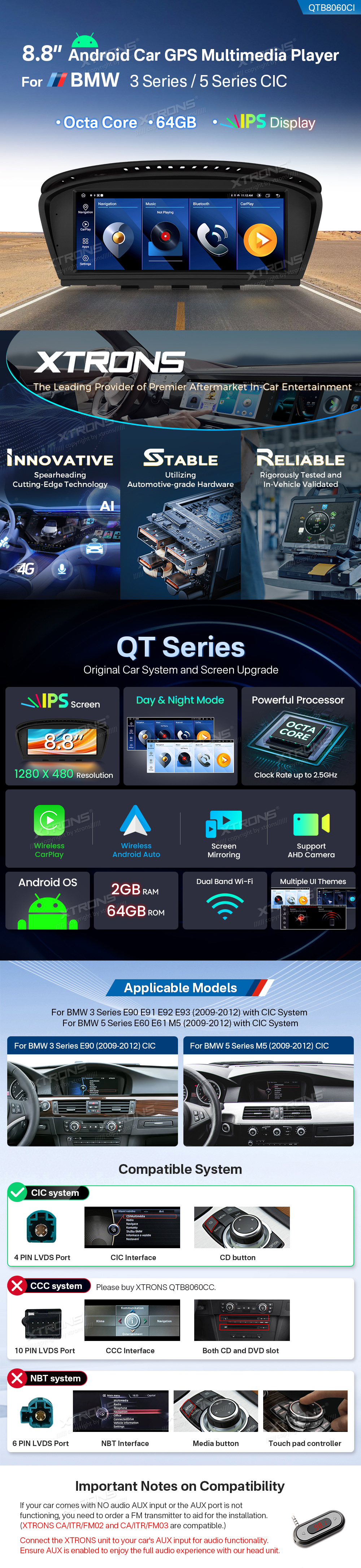 BMW 3 and 5 Series CIC 8.8 Inch Android Head Unit with Wireless CarPlay and Android Auto | QTB8060CI: XTRONS specification poster 1 of 5