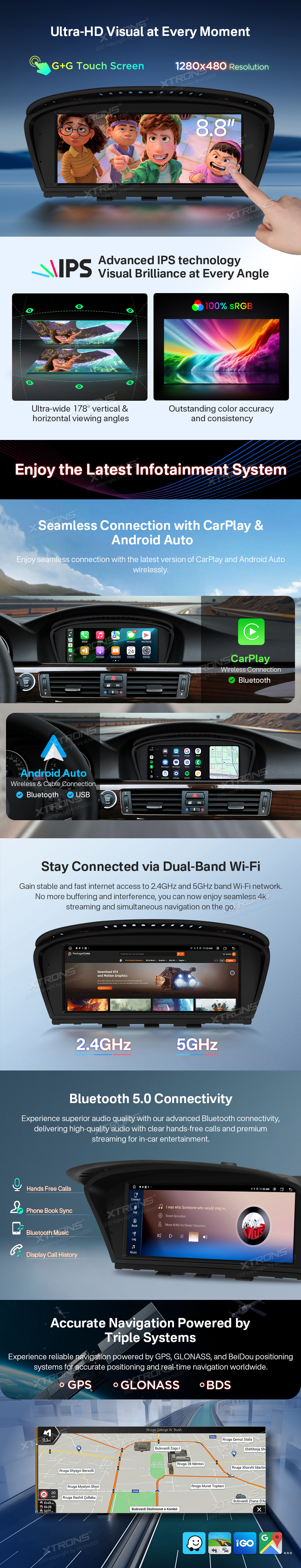 BMW 3 and 5 Series CIC 8.8 Inch Android Head Unit with Wireless CarPlay and Android Auto | QTB8060CI: XTRONS specification poster 3 of 5
