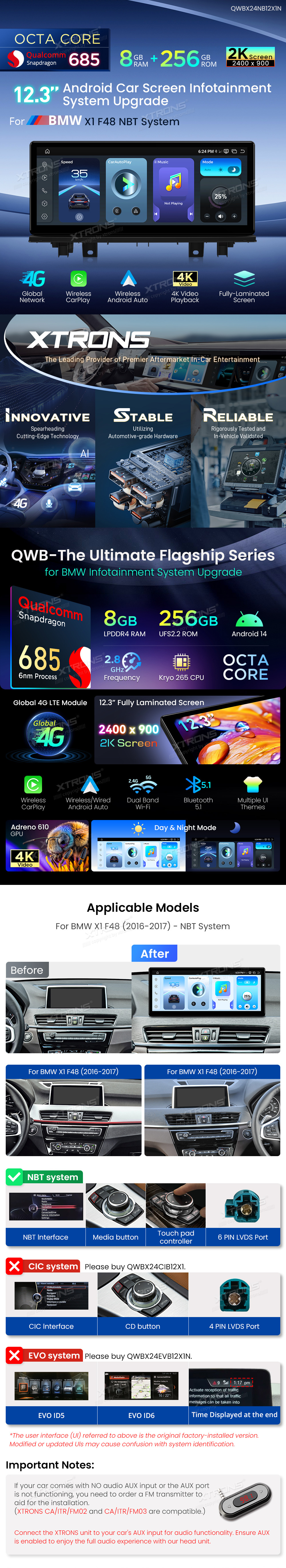 BMW X1 F48 NBT 12.3 inch Android Screen with Wireless CarPlay, Android Auto and 4G | QWBX24NB12X1N: XTRONS specification poster 1 of 6