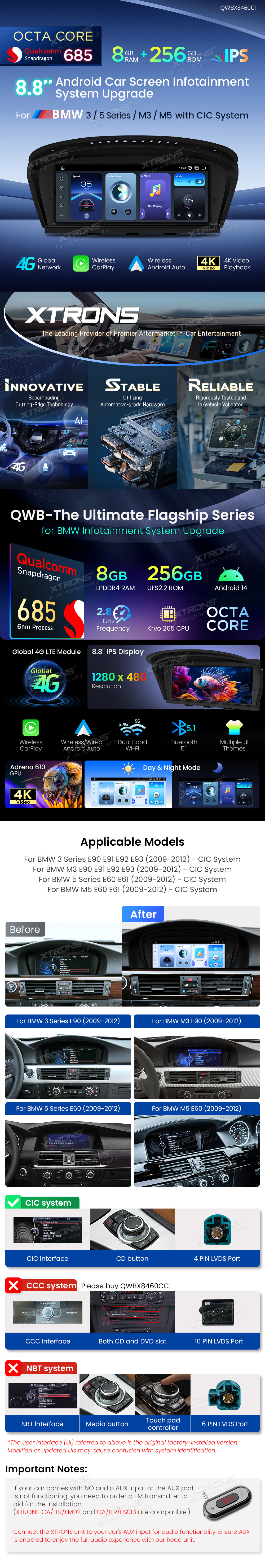 BMW 3 and 5 Series CIC 8.8 Inch Android Head Unit with Wireless CarPlay, Android Auto and 4G | QWBX8460CI: XTRONS specification poster 1 of 6
