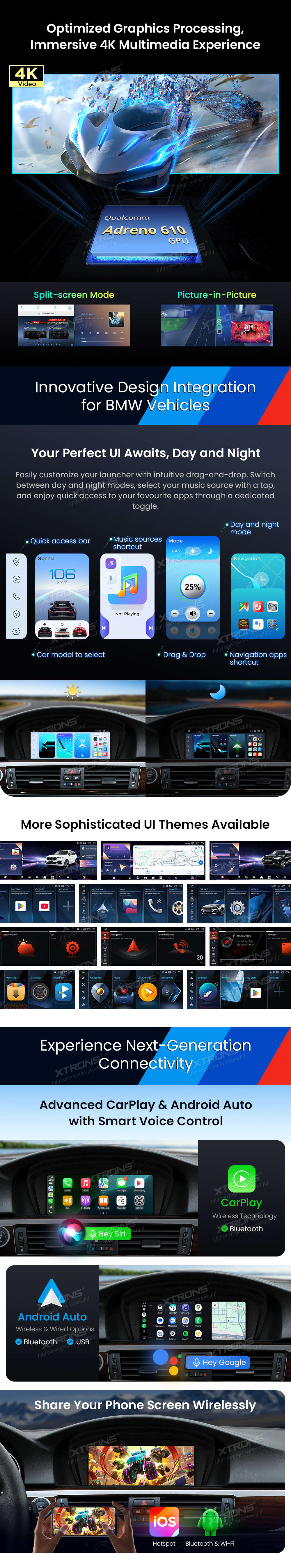 BMW 3 and 5 Series CIC 8.8 Inch Android Head Unit with Wireless CarPlay, Android Auto and 4G | QWBX8460CI: XTRONS specification poster 3 of 6