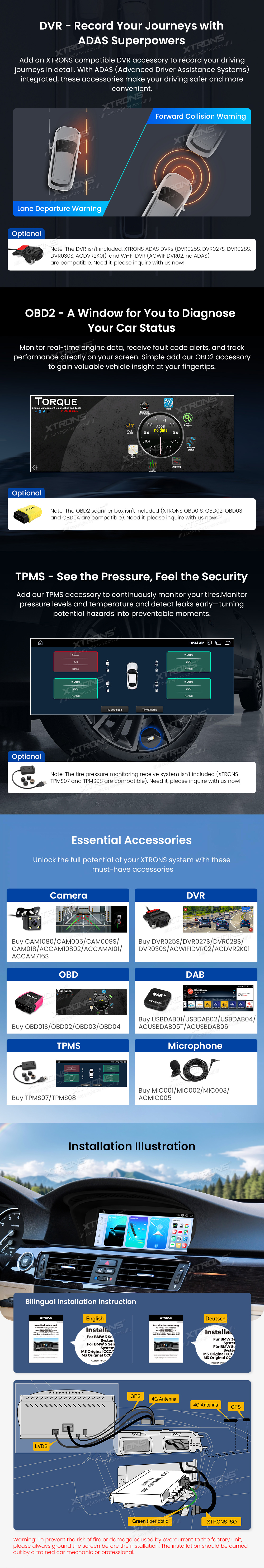 BMW 3 and 5 Series CIC 8.8 Inch Android Head Unit with Wireless CarPlay, Android Auto and 4G | QWBX8460CI: XTRONS specification poster 5 of 6