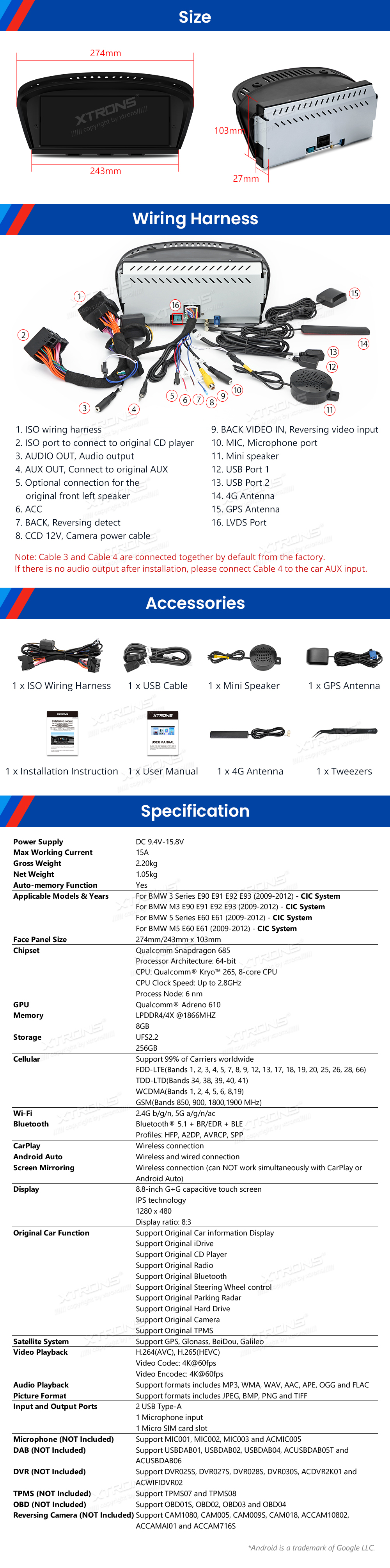BMW 3 and 5 Series CIC 8.8 Inch Android Head Unit with Wireless CarPlay, Android Auto and 4G | QWBX8460CI: XTRONS specification poster 6 of 6