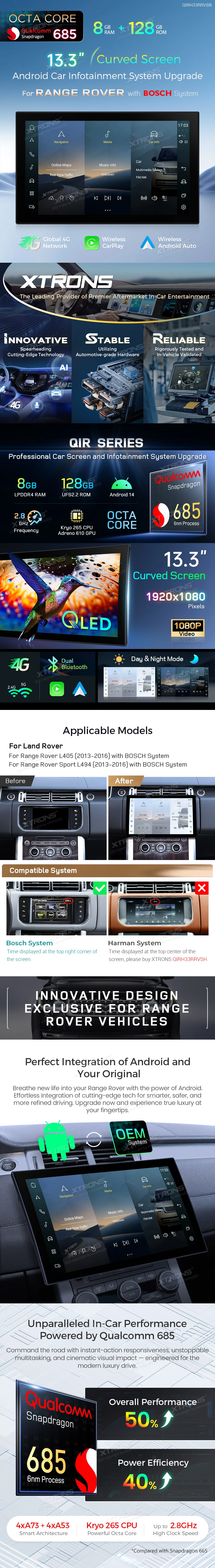 Range Rover L405 and Sport L494 13.3 inch Curved Android Screen with Wireless CarPlay and 4G | QIRH33RRV: XTRONS specification poster 1 of 4