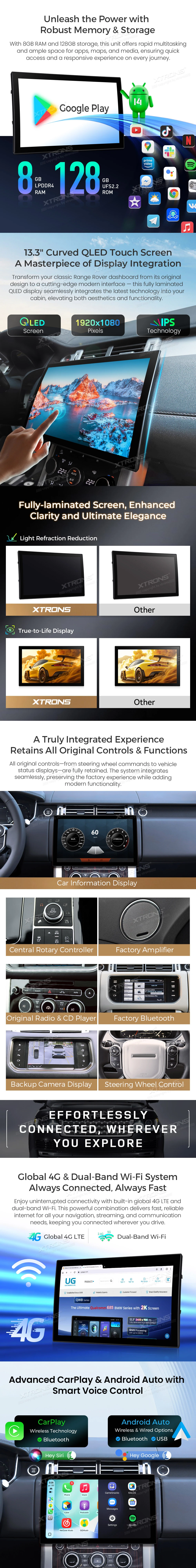 Range Rover L405 and Sport L494 13.3 inch Curved Android Screen with Wireless CarPlay and 4G | QIRH33RRV: XTRONS specification poster 2 of 4