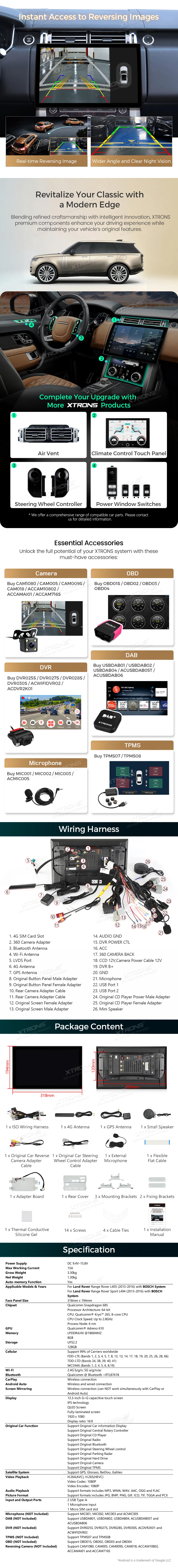 Range Rover L405 and Sport L494 13.3 inch Curved Android Screen with Wireless CarPlay and 4G | QIRH33RRV: XTRONS specification poster 4 of 4